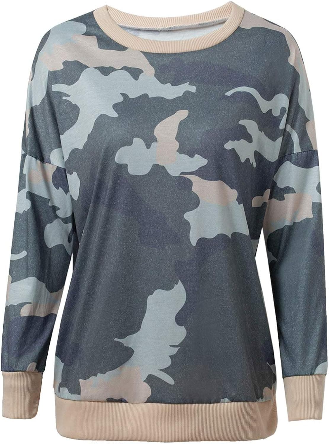 Womens Long Sleeve Crew Neck Casual Camouflage Print Pullover Tops Sweatshirt