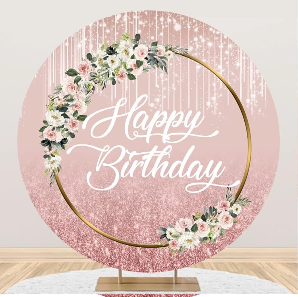 Canessioa 7.2x7.2ft Floral Birthday Round Backdrop Cover Pink Flowers with Leaves Pink Glitters Round Backdrop Polyester Happy Birthday Girl Woman 20th 30th 40th Birthday Party Decoration Banner