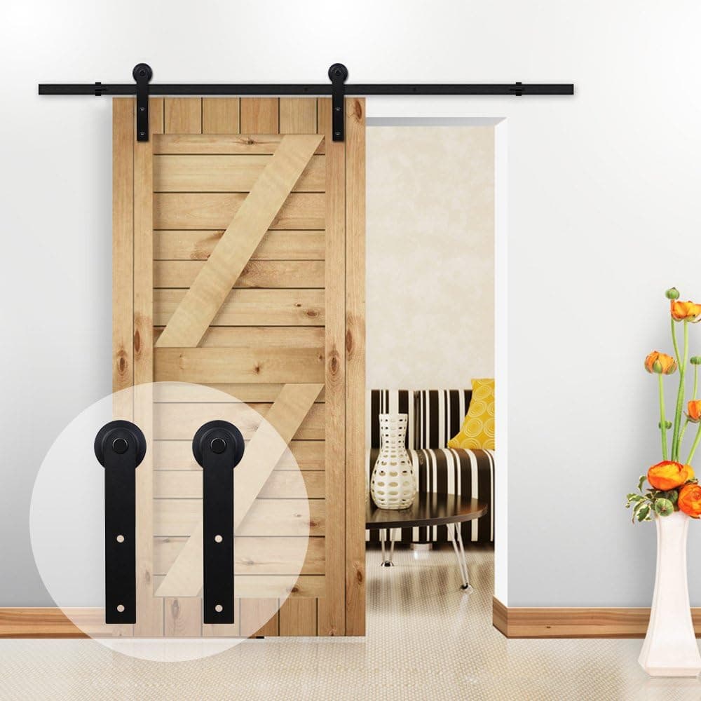 CCJH Country Classic Steel Interior Single Sliding Barn Door Hardware Kit 7 Ft Black