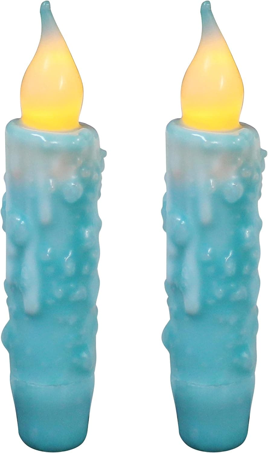CVHOMEDECO. Real Wax Hand Dipped Battery Operated LED Timer Taper Candles Rustic Primitive Flameless Lights Decor, 4-3/4 Inch, Teal, 2 PCS in a Package
