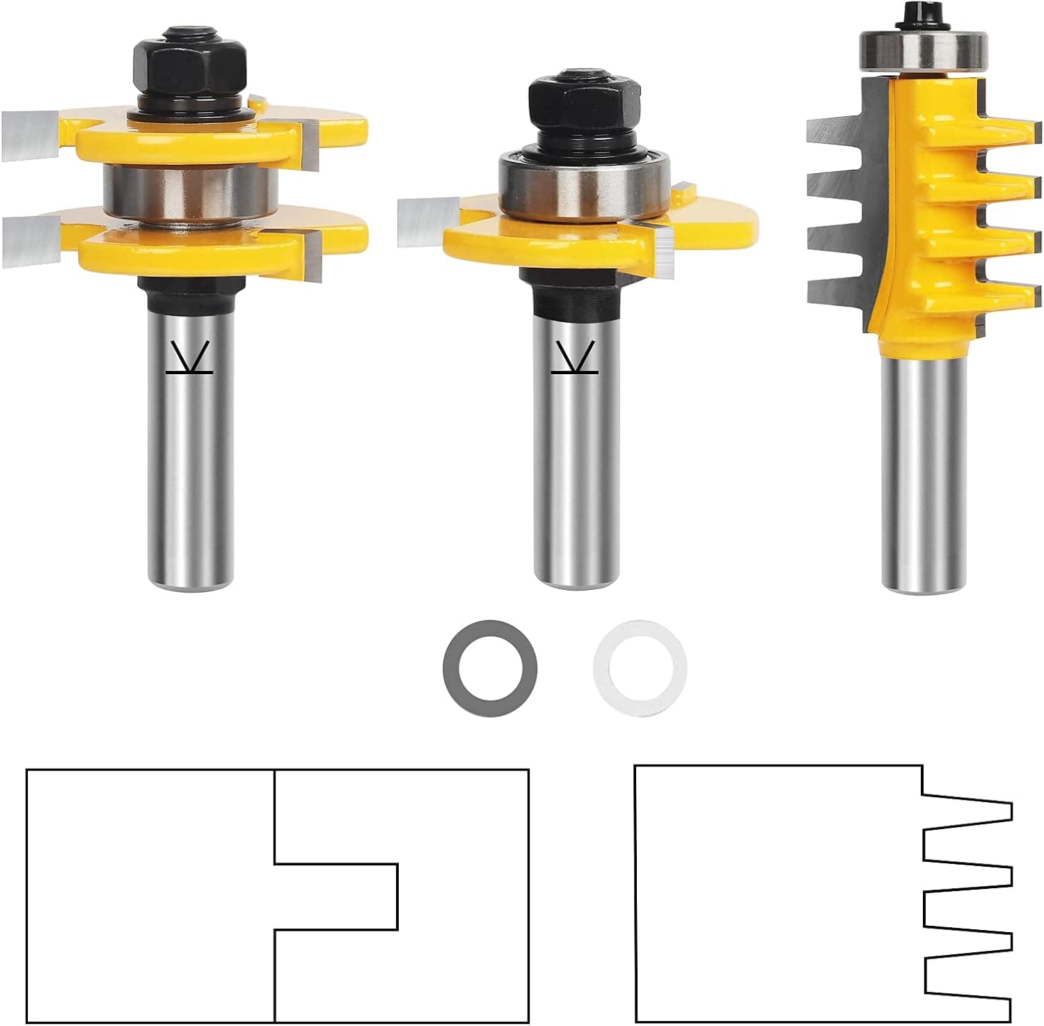 TOOLDO Tongue and Groove Router Bit & Reversible Finger Joint Router Bit, Jointing Bit Set 1/2 Inch Shank Set (Pack of 3). Parallel Angle Joint Set, for Hardwood Floor