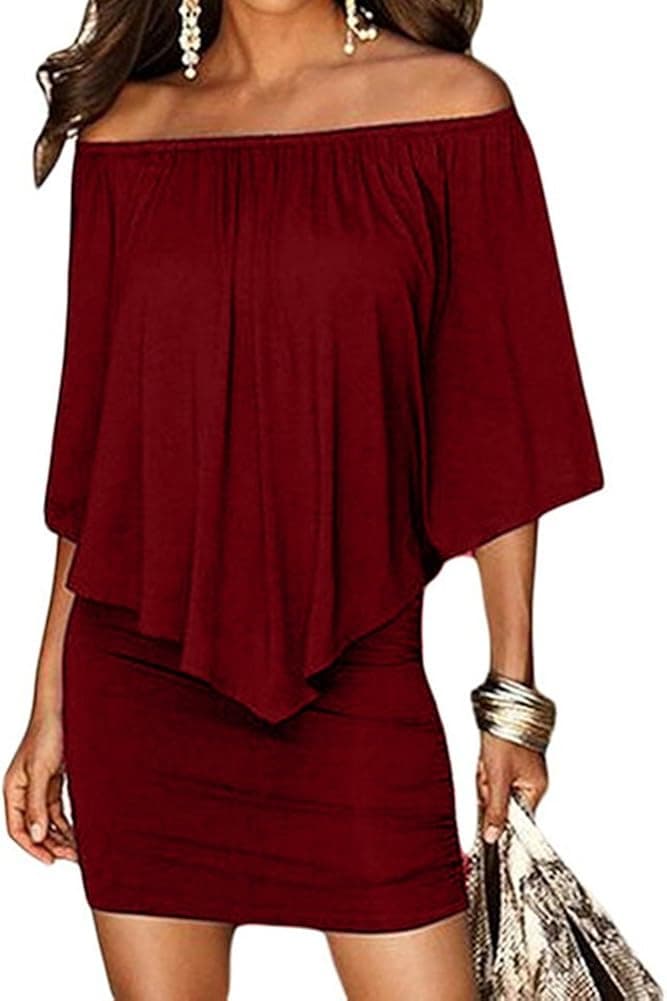 Haola Women's Summer Cold Shoulder Off Ruffles Bodycon Mini Dress
