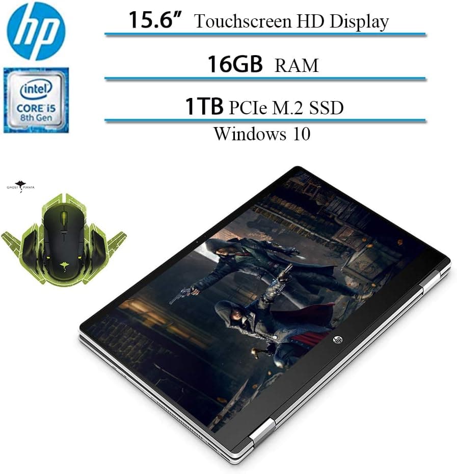 HP x360 15.6" HD Convertible Touchscreen Laptop, Intel i5-8265U, 16GB RAM, 1TB PCIe SSD, 2 Year Accidental Damage Protection, 10 Hours Battery, Win10 W/Ghost Manta Gaming Mouse