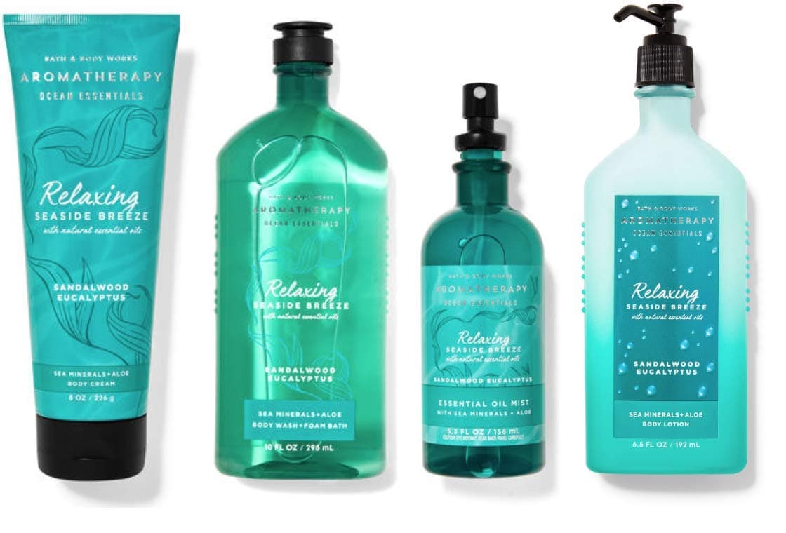 Bath and Body Works Aromatherapy Ocean Essentials Relaxing - Sandalwood Eucalyptus Gift Set - Body Cream - Essential Oil Mist - Body wash + Foam Bath - Body Lotion - Full Size