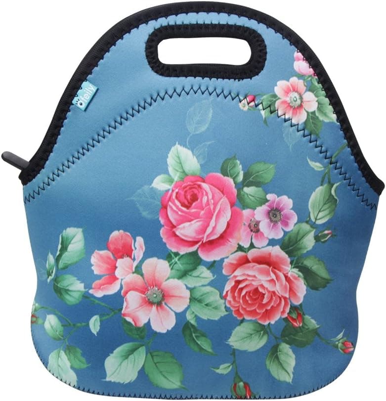 Lunch Boxes, OFEILY Lunch Tote Lunch bags with Neoprene(Middle, Red flower&Lake Blue)