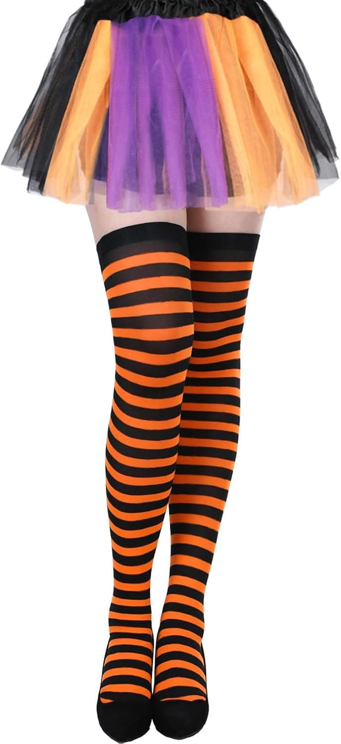 Halloween Orange Black Stripe Socks Thigh High Stockings and Colorful Skirt Halloween Costume Accessories Set for Woman Girls Cosplay Supplies