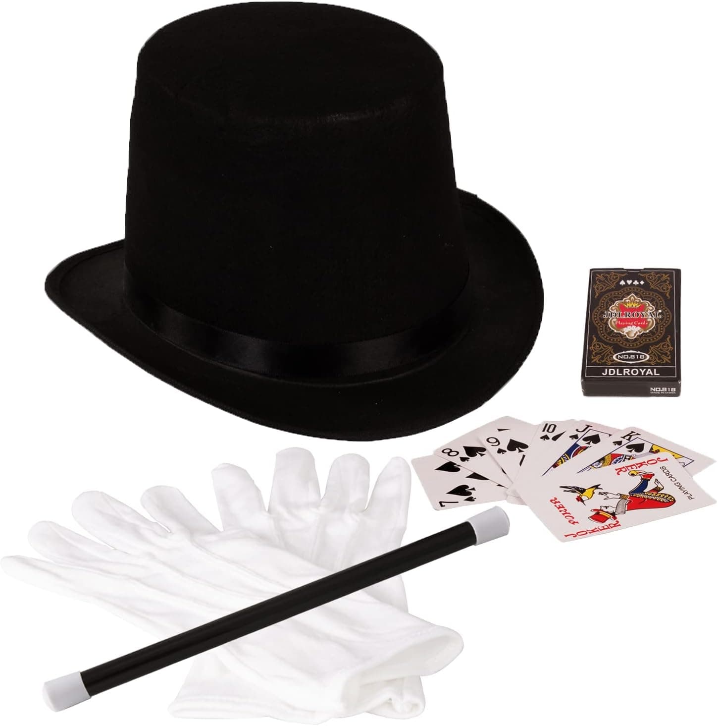 Funny Party Hats Magician Costume - 4 Pc Set, Magician Hat, Wand , Gloves & Bonus Cards - Magician Kit