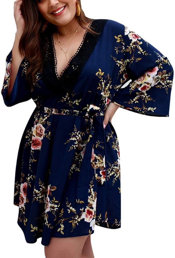 Holagift Women's Plus Size Floral Dresses Lace V-Neck 3/4 Long Sleeves Bohemian Belt Tie Casual Summer Party Beach Dress