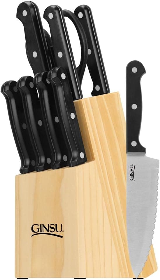 Ginsu Essential Series 10-Piece Stainless Steel Serrated Knife Set – Cutlery Set with Black Kitchen Knives in a Natural Block, 05150DS