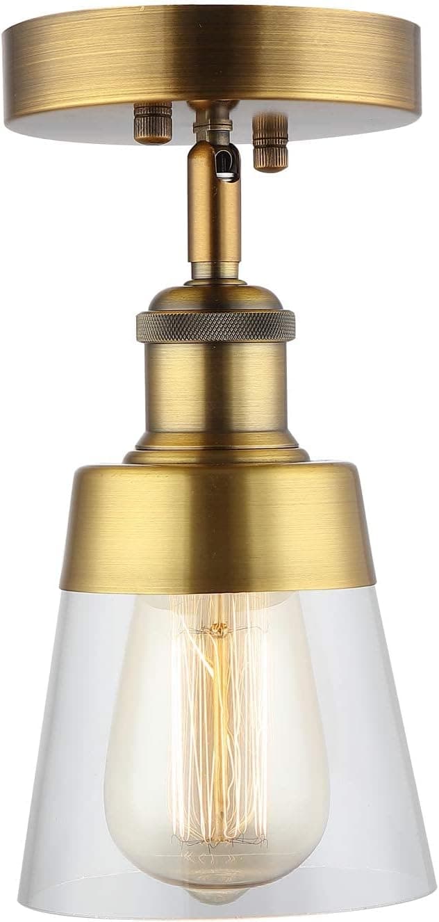 Fivess Lighting Antique Gold Flush Mount Light Fixture Clear Glass Semi Flush Mount Ceiling Light for Hallway Bathroom Entryway Kitchen Farmhouse
