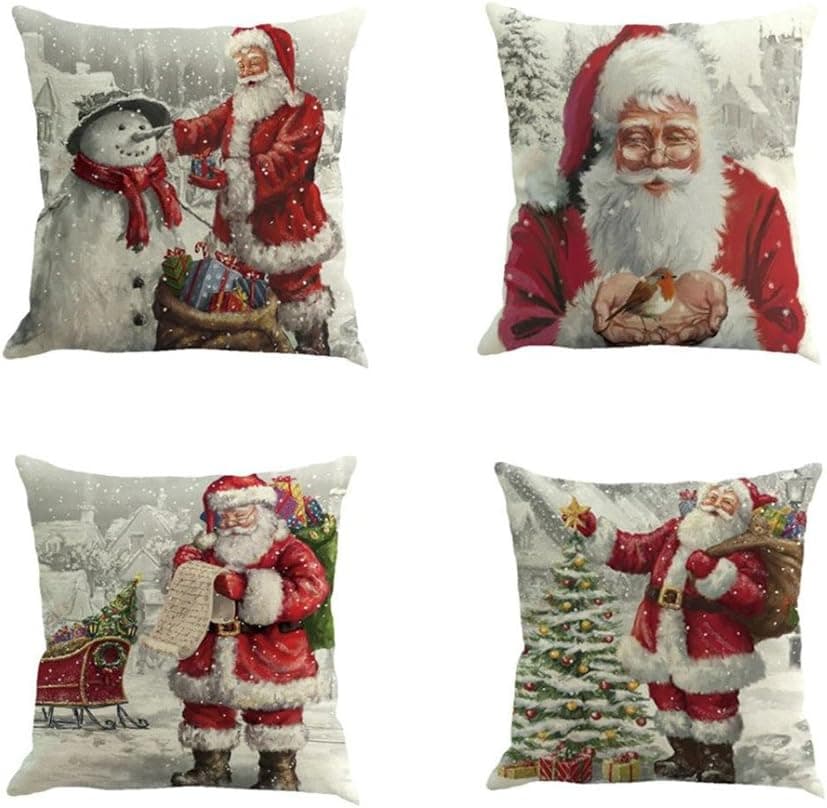 Christmas Pillow Case Set of 4 Wakeu Santa Claus Snowman Merry Christmas Decorative Sofa Throw Pillow Case Cushion Covers 18x18 Inch (Santa Claus)