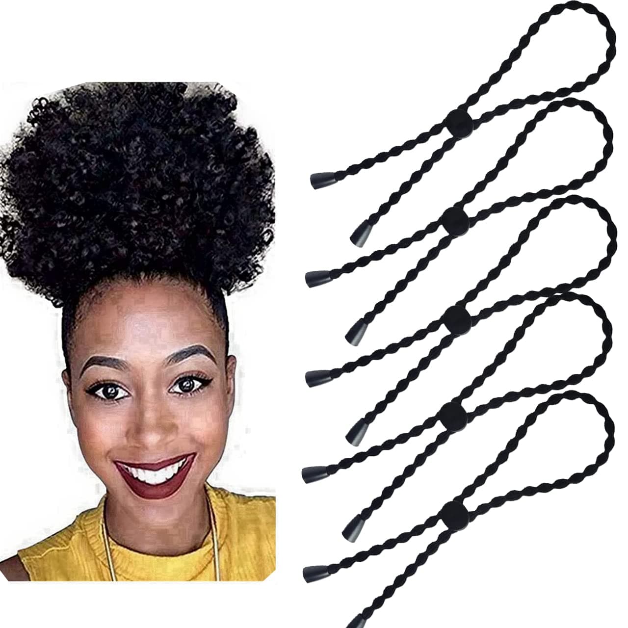 5PCS Afro Puff Ponytail Ties Adjustable Hair Holder Length Hendband for Short Kinky Hair Long Headband Ties for Thick, Braided,Natural Curly Hair