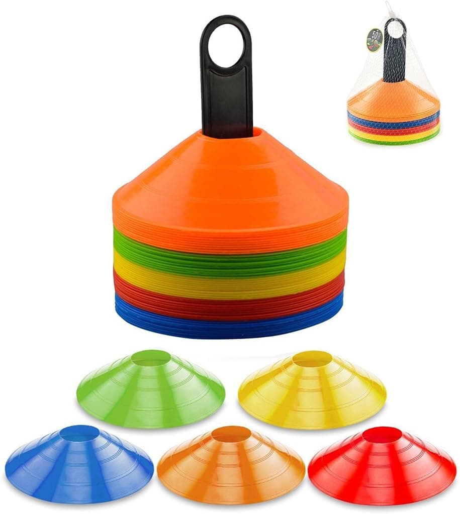 Xubox Disc Cones, Set of 50 Flexible Multi Color 2 Inch High Round Soccer Cones with Plastic Carrier – Ideal for Agility Training, Soccer, Football, Skating, Kids & Any Ball Game to Mark, Field Marker
