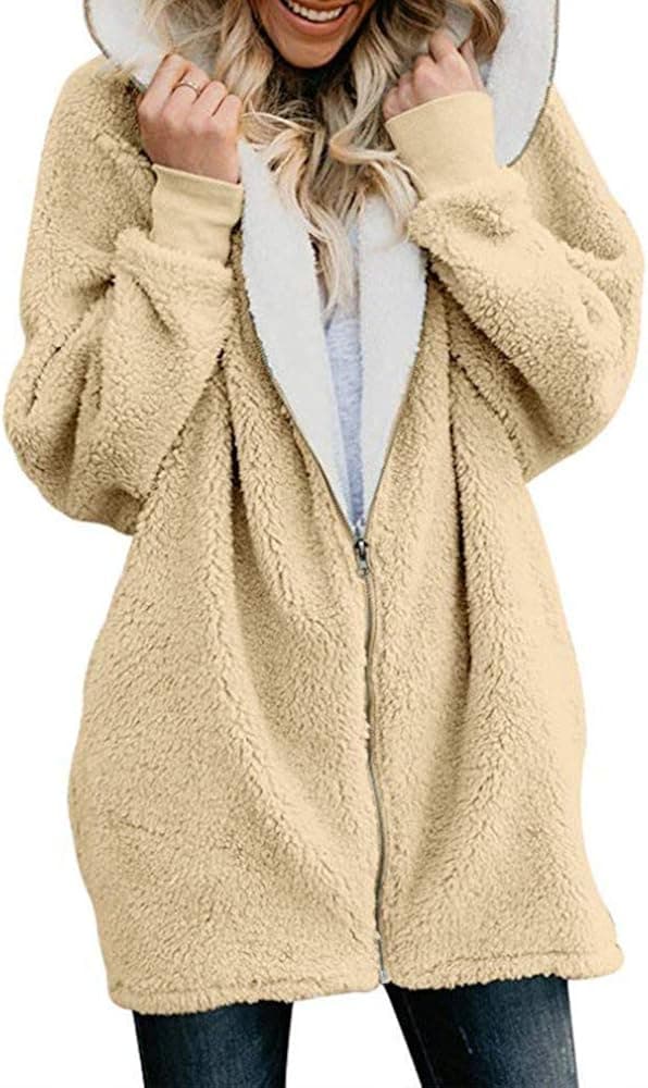 Women's Casual Warm Fuzzy Fleece Coat Jacket Long Sleeve Hooded Cardigans Autumn Winter Outwear with Pocket