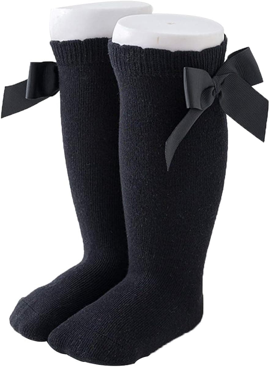 Baby Girls Cotton Long Socks Solid Color Big Bow Knee High Stocking Cute Lacework Princess Leg Warmer Floor Slipper