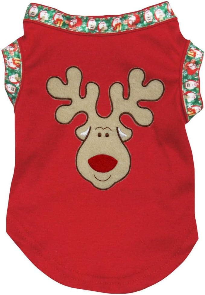 Petitebella Reindeer Face Red Puppy Dog Shirt (Green Santa Claus Hemmed, XXX-Large)
