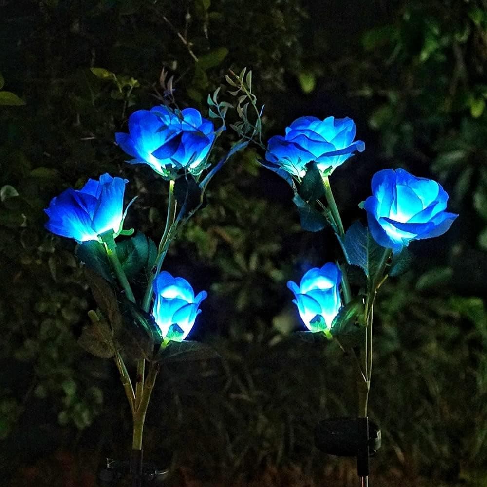 LoveNite Solar Rose Garden Lights, 2 Pack Realistic Solar Flower Lights, Waterproof LED Decorative Stake Landscape Lights for Patio Pathway Grave Cemetery Outdoor Decor (Blue)