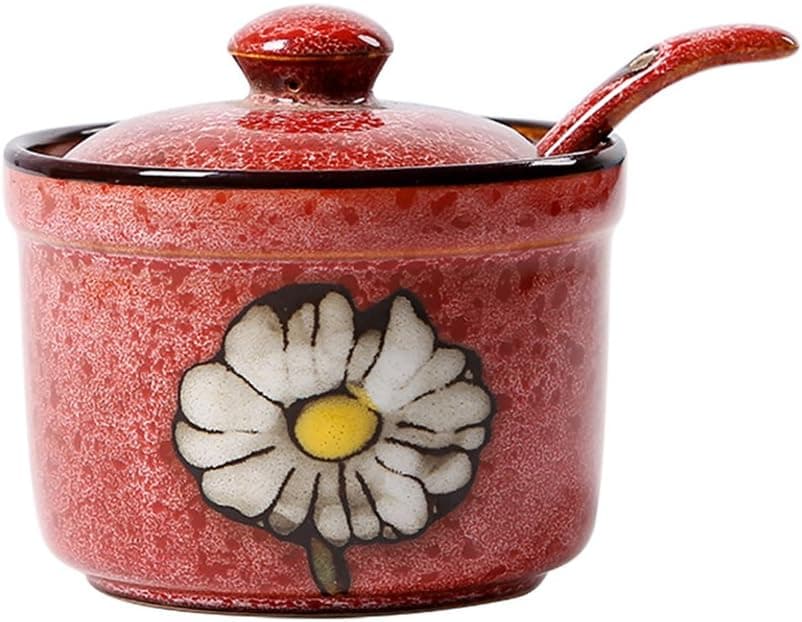 DoDola Ceramics Retro Flower Sugar Bowl with Lid and Spoon 5.5 Ounces Red