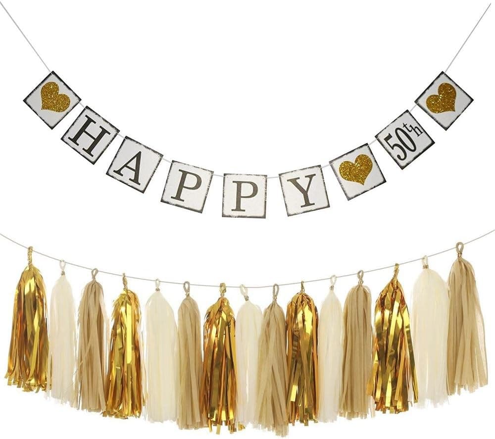 Happy 50th Birthday Banner and Tissue Paper Tassel Garland for 50th Wedding Anniversary Decorations - Milestone Birthday Party Decorations