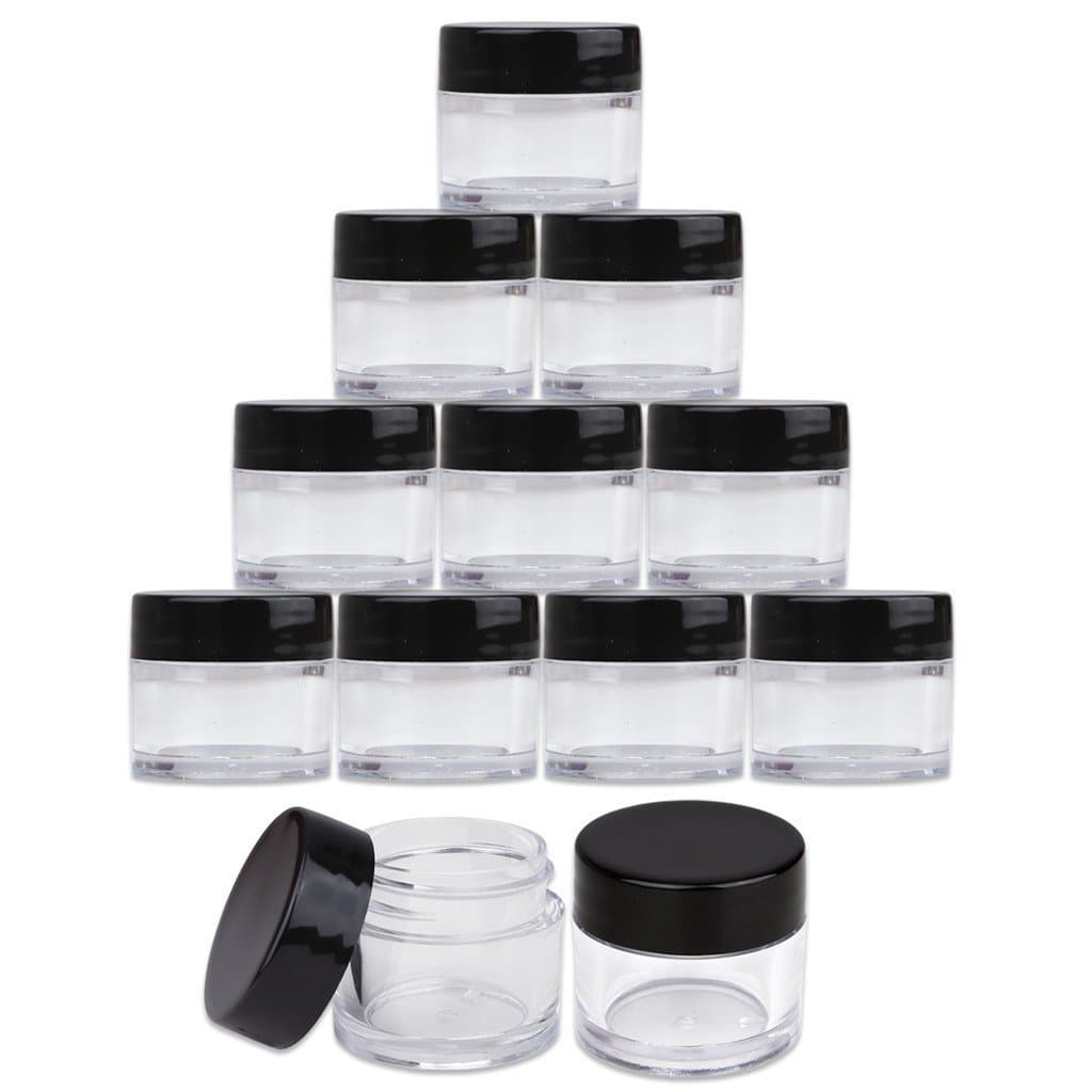 Beauticom® High-Graded Quality 7 Grams/7 ML (Quantity: 12 Packs) Thick Wall Clear Plastic LEAK-PROOF Jars Container with Black Lids for Cosmetic, Lip Balm, Lip Gloss, Creams, Lotions, Liquids