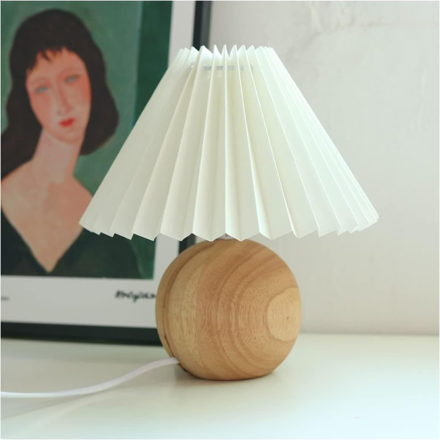 Vintage Style Pleated Table Lamp, Ins DIY Ceramic Table Lamp, Home Decor Creative Pleated Lamp with Bulb E27 Bedside Lamp. (Wood and White)