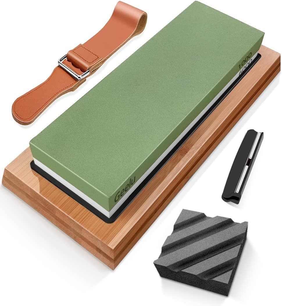 Sharpening Stone Whetstone Set Wet Stones Water Stone Knife Sharpener with Non-Slip Bamboo Base Angle Guide Flattening Stone Leather Strop for Knives,Scissors,Chisels,Hatchet, Garden Tools