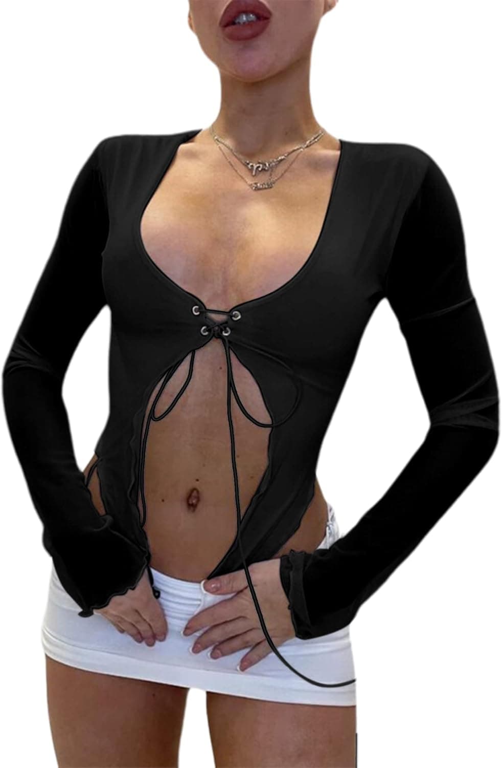 Remidoo Women's Asymmetrical Hem Mesh Long Sleeve Crop Top Low Cut Tie Up Slim Fit T Shirt