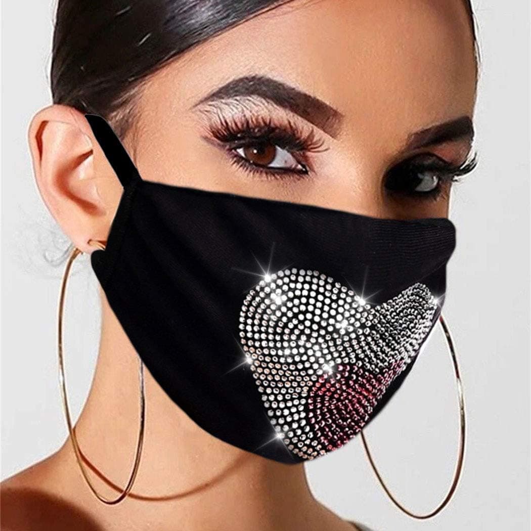 Relbcy Crystal Mouth Cover Love Face Mask Reusable Masks Scarf Breathable Face Cover Rave Facial Jewelry Masks for Women and Girls (Black2)
