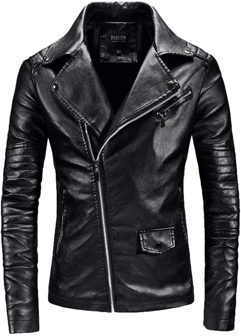 Idopy Men`s Casual Slim Fit Rider Trucker PU Faux Leather Jacket