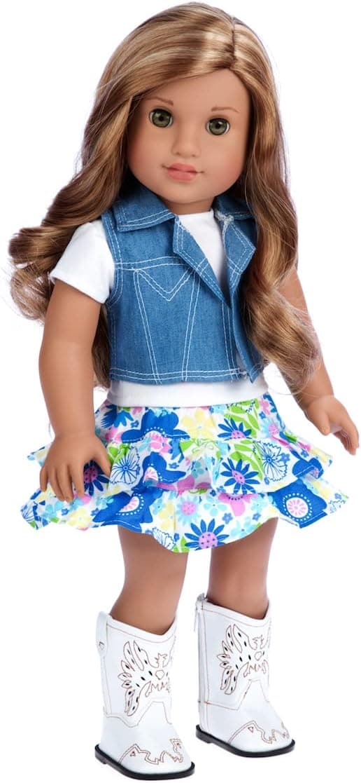 DreamWorld Collections - Feeling Happy - 4 Piece Outfit - Skirt, White T-Shirt, Blue Jeans Vest and White Cowgirl Boots - Clothes Fits 18 Inch Doll (Doll Not Included)
