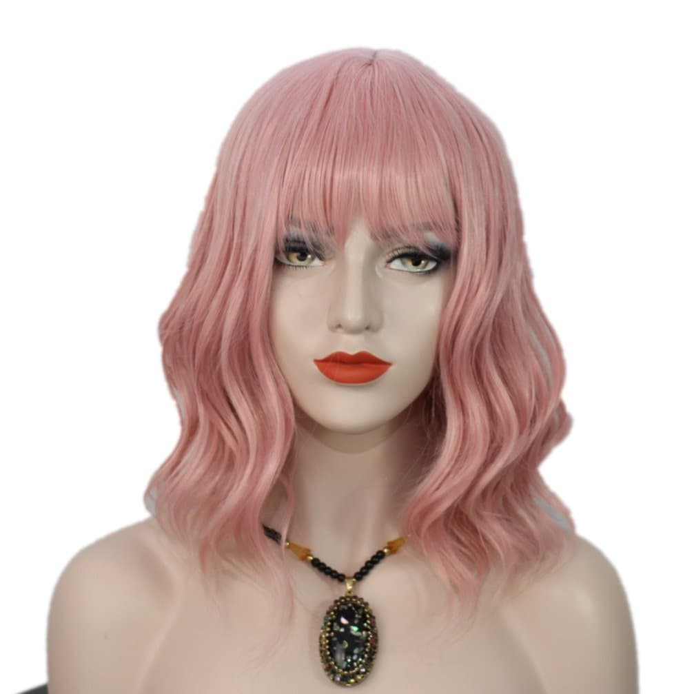 Ani·Lnc 14 Inches Short Curly Pink Anime Cosplay Party Wig with Bang For Womens (Pink)