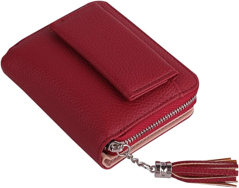 Women Small Wallet, Lady's Mini Wallet RFID Blocking Bifold Leather Multi-purpose Wallet with ID Window(wine red)