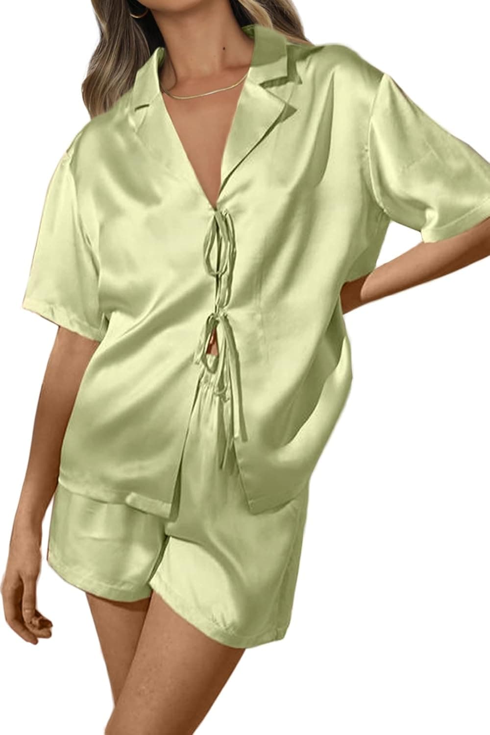 CHYRII Women's Silk Satin Pajamas Sets Tie Front Short Sleeve Tops and Shorts Two Piece Pj Sets Sleepwear