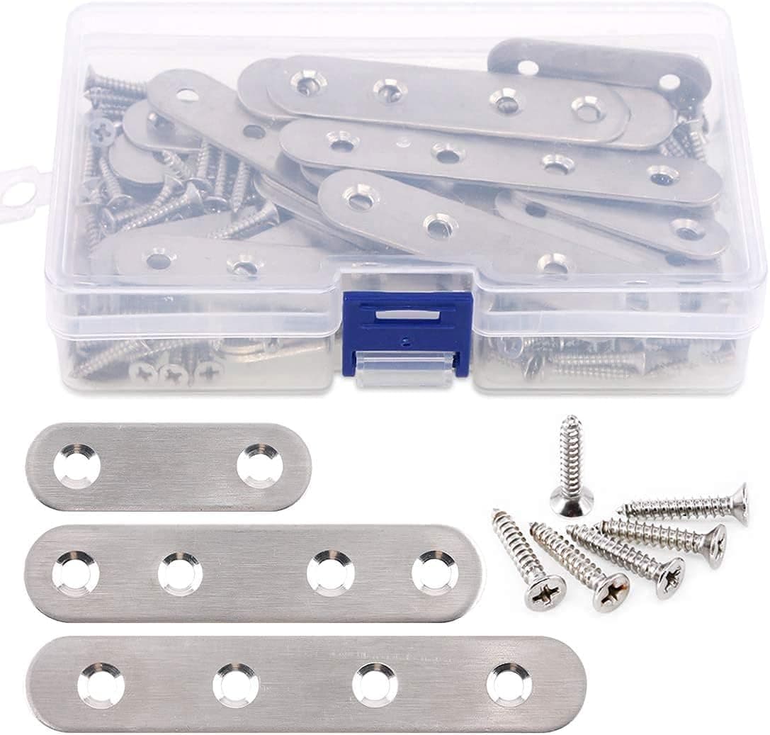 Flat Straight Brace Brackets for Wood, 35 Pcs Stainless Steel Fixing Mending Plates Flat Corner Support Shelf with 80pcs Countersunk Phillips Screws for Connector Repair Joining Furniture