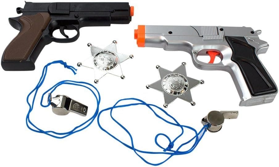 6-Piece Toy Pistol Bundle Includes 2 45 Style Police Revolver Cap Guns 1 Silver and 1 Black and Brown Finish with 2 Whistles and 2 Deputy Sheriffs Badges for Dress-Up by Imprints Plus (G9)