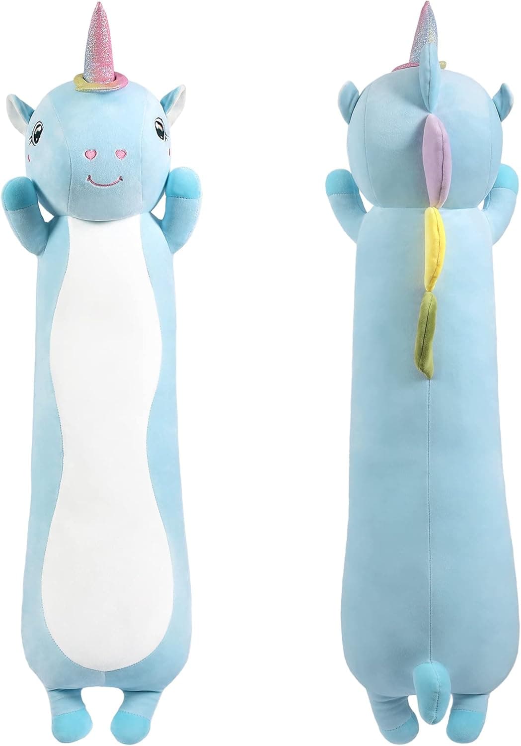 SNOWOLF 43.3Inch Long Unicorn Plush Pillow Stuffed Animal Toys Cute Soft Unicorn Plush Hugging Pillow with Rainbow Wings Kawaii Toy for Kids Girls (Blue, 110cm/43.3Inch)