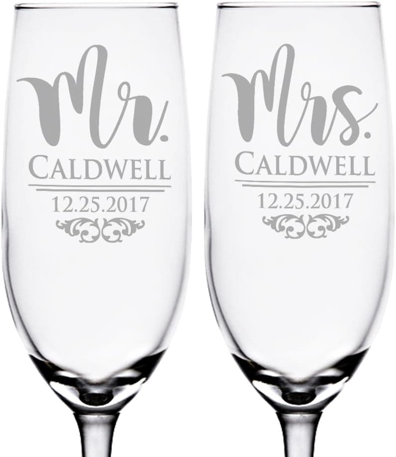 Classy Mr and Mrs Champagne Glasses Personalized Set of 2 Registry for Bride Groom Wedding Anniversary Celebratory Favor for Husband Wife