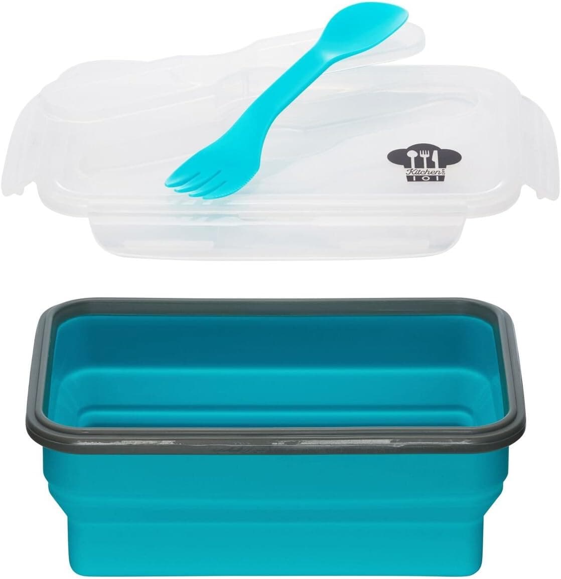Kitchen Pro 101 Expandable and Collapsible Silicone School Lunch Box for Girls & Boys - 1 Compartment Bento Box Container for Kids/Adults - As Seen On TV (Blue) - Comes with Utensil