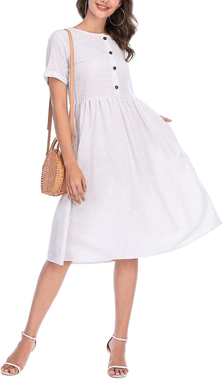 WephuPSho Summer Casual Dresses for Womens Stripe Button Round Neck Short Sleeve Swing Loose Short Mini Maxi Dress Sundress (Khaki Strips, XXL)