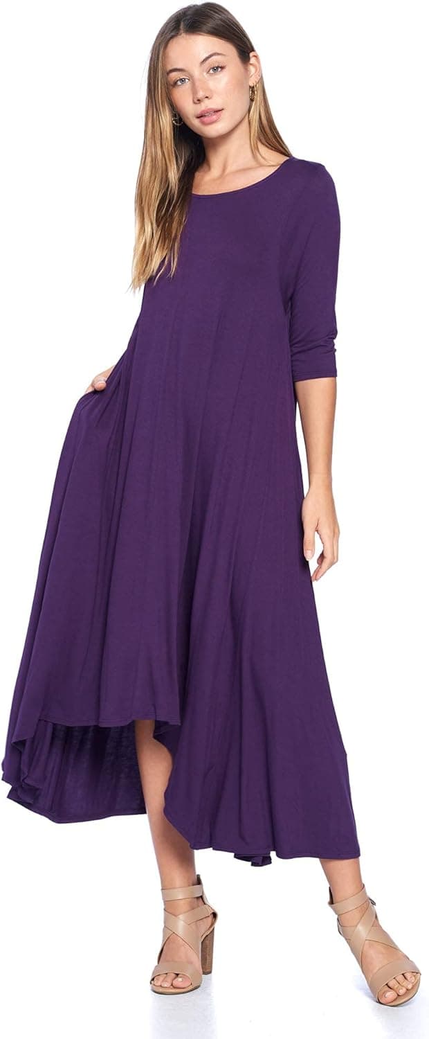 12 Ami Solid 3/4 Sleeve Pocket Loose Maxi Dress (S-3X) - Made in USA