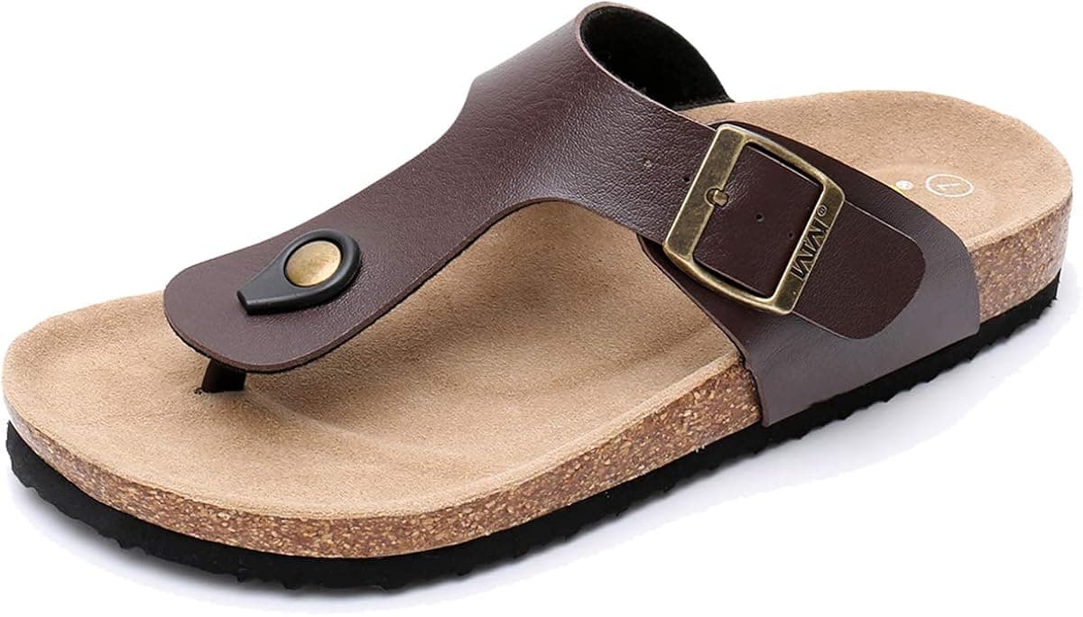 WTW Men's Arizona Cork Footbed Sandals - Slip on Beach Slide Slipper Shoes with Adjustable Metal Buckle Strap for Men, Causal Style