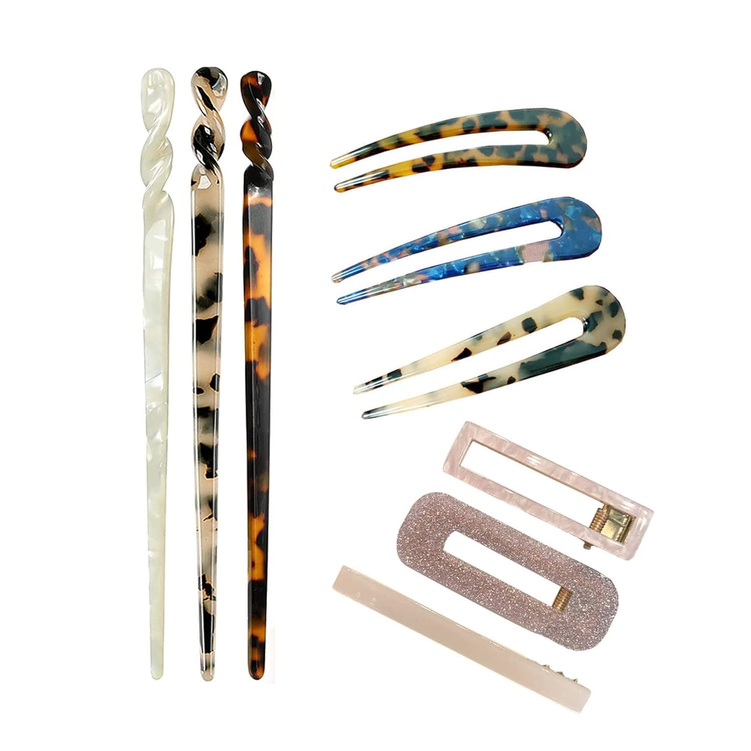 NDSWKR Acetate Hair Sticks, U Shaped Hairpin Cellulose Acetate Tortoise Shell Hair Fork Sticks and pink hairpin for Long Hair for Women Girls 9 pcs