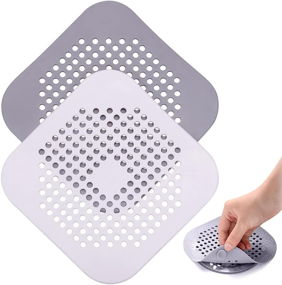 Drain Hair Catcher, Square Shower Drain Cover, Silicone Plug for Bathroom, Bathtub and Kitchen, Sink Drain Strainer with Suction Cups, Easy to Install and Clean (2 PCS)