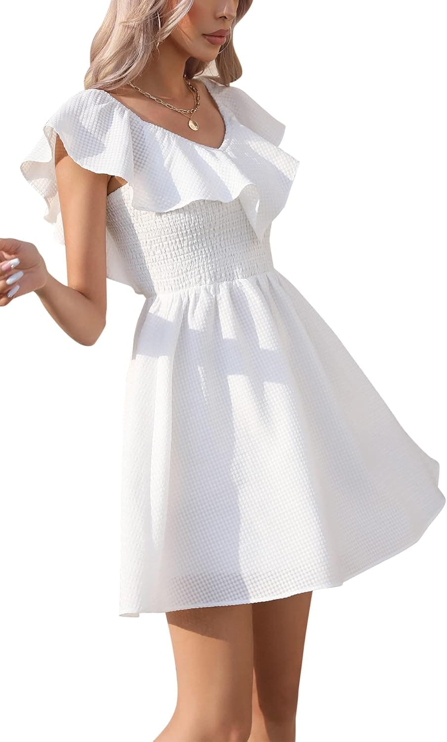 EXLURA Women's Summer Ruffle Casual Dress V Neck Lace A Line Backless Mini Dresses Flowy Wedding Guest Party Sundresses