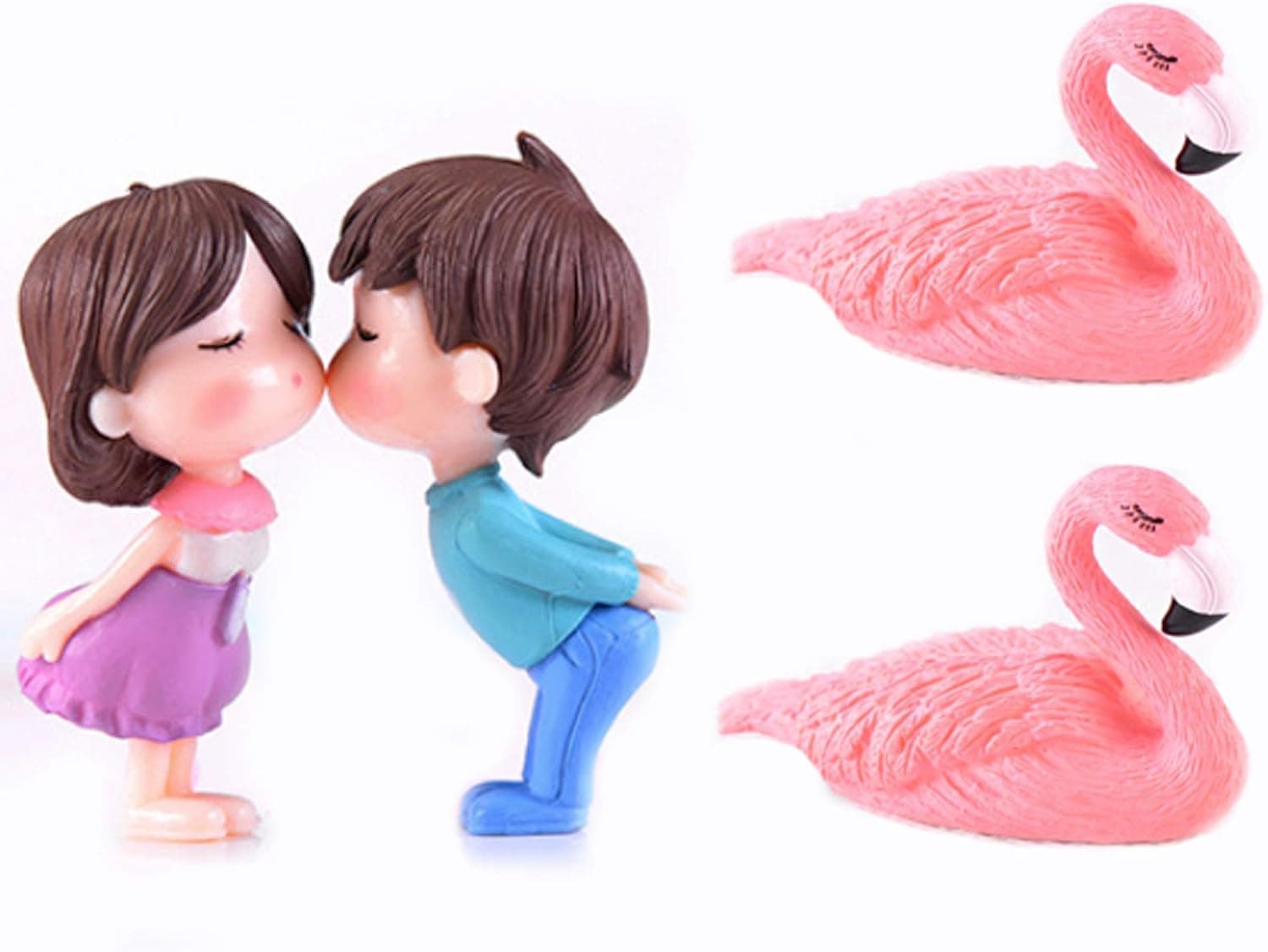 SweetGifts Miniature Couple Figurines Kiss Dolls with Flamingos Landscape Ornaments Mini Resin Fairy Garden Bonsai Dollhouse Decorations 4PCS