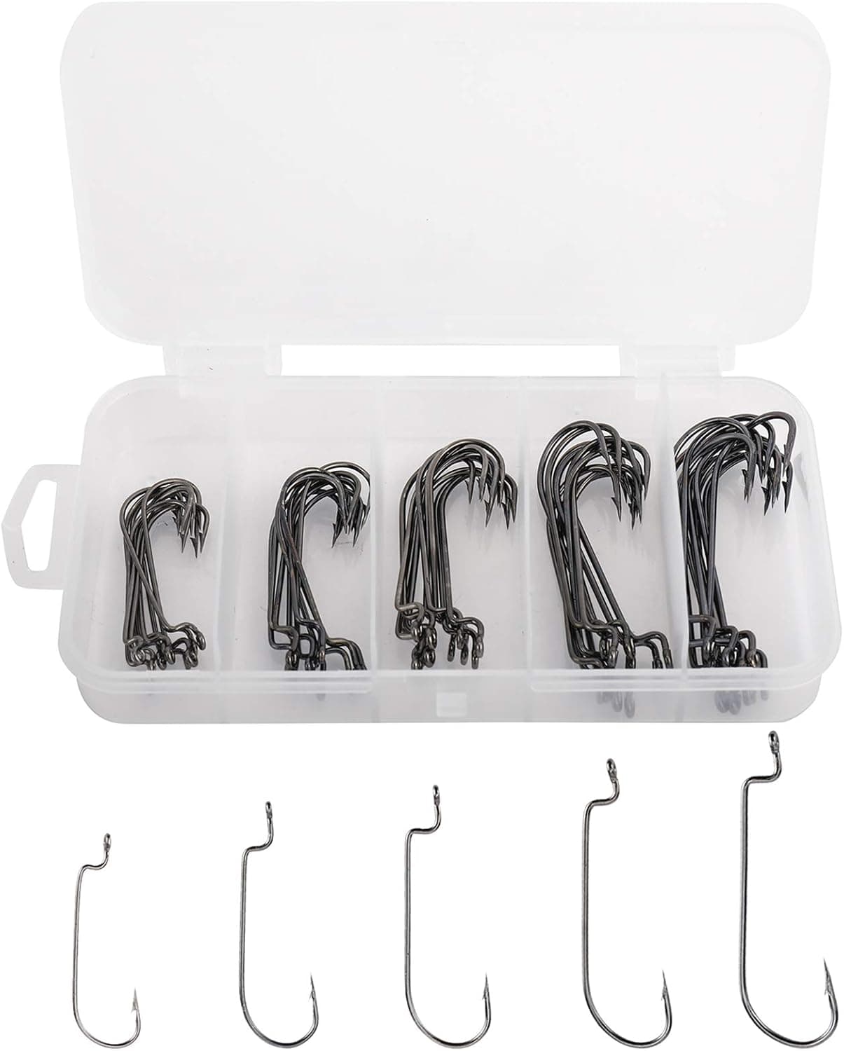 Sparkfire 50pcs Offset Hooks with Barbed Shank Worm Hooks Round Bend Replacement Fishing Hooks #2#1 1/0 2/0 3/0