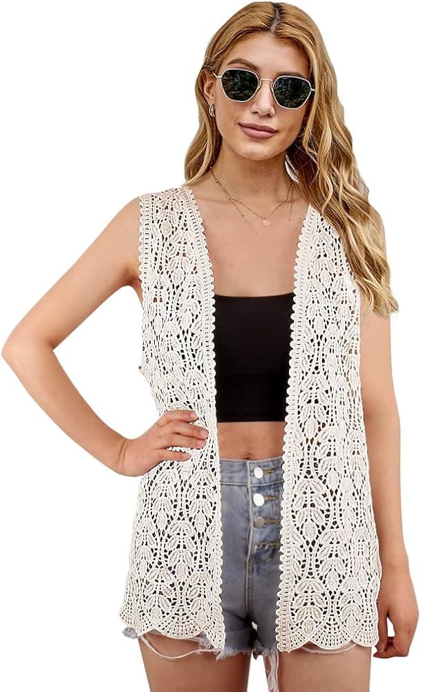 Womens Floral Crochet Lace Boho Trim Sleeveless Open Front Vest Cardigan