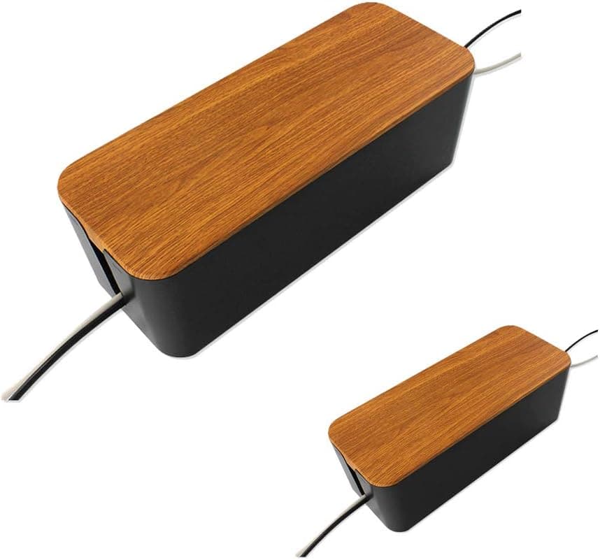 2 Pack Cable Management Box -Space Saving Wooden Style Cord Organizer Box Hide Power Strip for TV Computer Big and Small Surge Protector for Home and Office (Black)