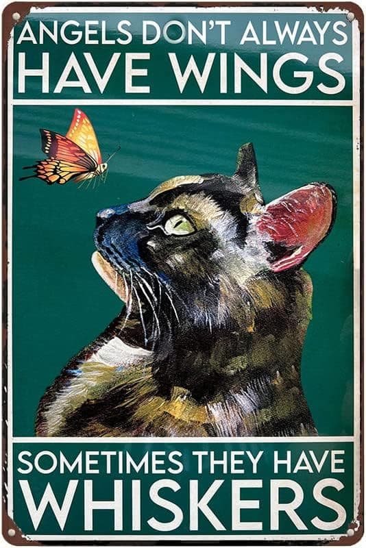Angels Don't Always Have Wings Sometimes They Have Whiskers Tortoiseshell Cat Retro Tin Sign Vintage Bathroom Metal Sign for Home Bar Office Wall Decor Shop Mural Sign 16 x 12 inch