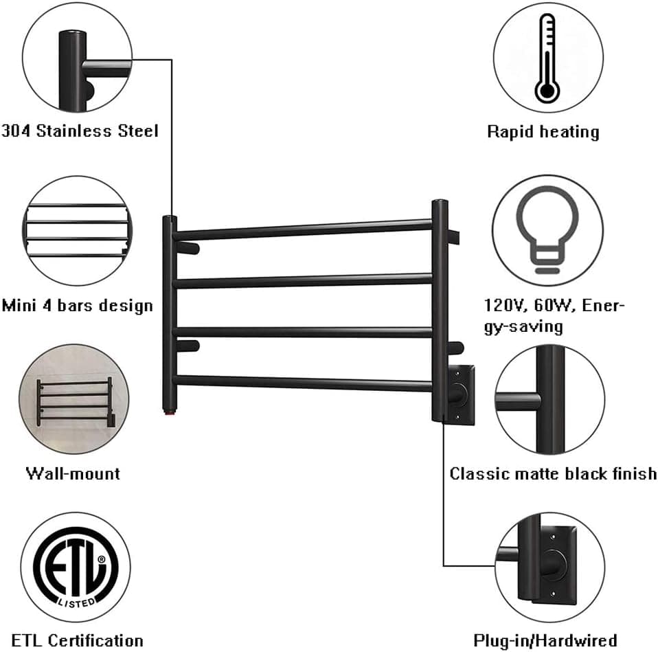 Electric Towel Warmer with Timer for Bathroom Wall Mounted Plug-in Heat Tower Hanger Organizer Shelf Stainless